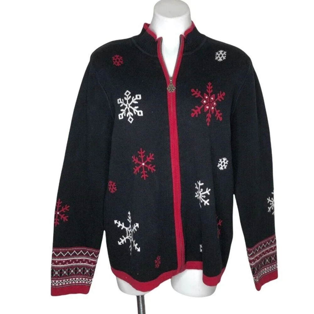 BRECKENRIDGE Christmas Holiday Snowflake Zip Sweater Heavy Cotton Knit Size XL